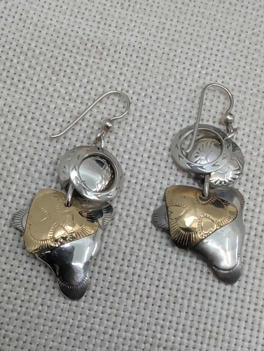 Vintage Sterling Silver Two Tone Organic Drop Dangle Earrings Artisan 1990s
